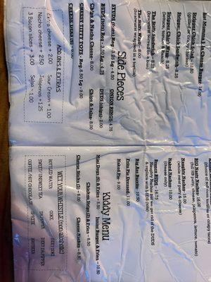 Sides and kids menu