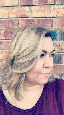 Blonde balayage and root smudge.