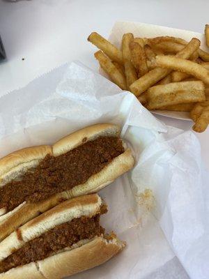 Two dog combo with fries.