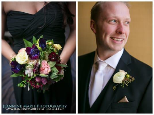 Bridesmaids bouquet and groom's boutonniere designed by Studio Fleurette
 http://www.jeanninemarie.com/