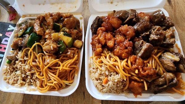 Two 2 item combs. Half fried rice, Half Chow mein Chicken and mushrooms + Kung Pao chicken Orange chicken + Pork ribs