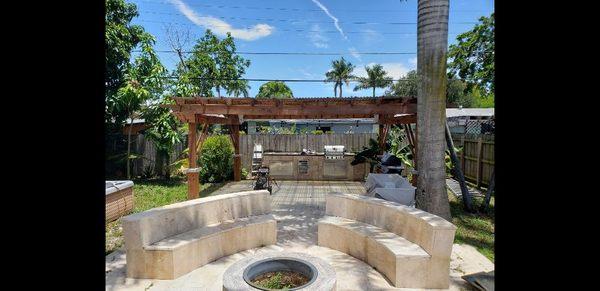 Back yard pergola, benches/firepit and outdoor kitchen