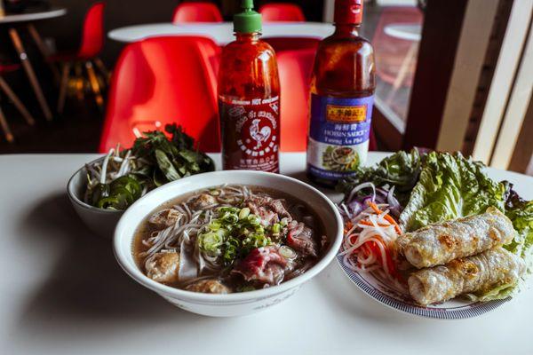 beef pho, fried spring roll