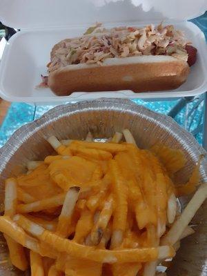 Slaw dog and cheese fries