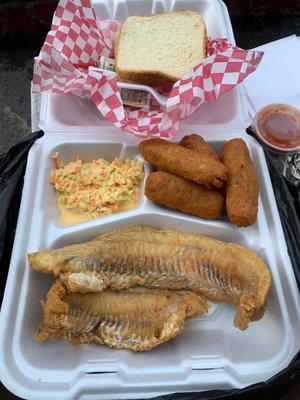 Fish Fry dinner with coleslaw and mozzarella sticks as my sides.