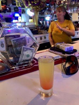 The bartender getting way way down (In Alabama.) and a pineapple upside down shot.