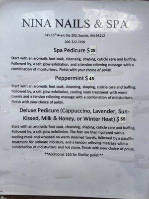 Pedicure menu