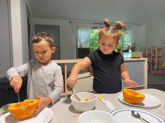 From Garden to Plate: Our backyard garden produced its first pumpkin ready for pie! The children were apart of each step of the process of c