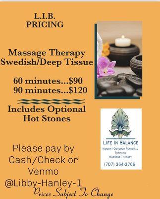 Elevated Therapeutic Benefits with optional warm/hot stones. Calming and Grounding. 
 $10 Discount on first booking.