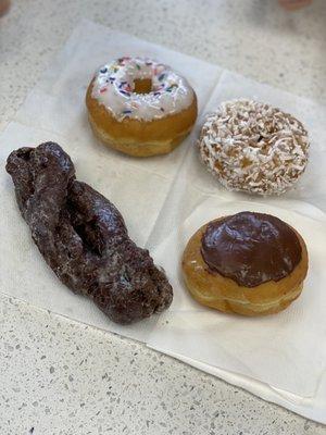 Chocolate Crueller, Boston Cream, Vanilla Sprinkle, Coconut Donuts - Cake  Yeast here