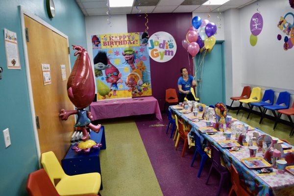 Erin getting the birthday party room ready.