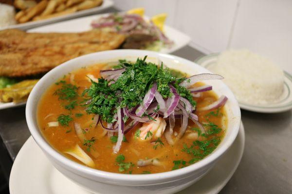 Encebollado Mixto/ Traditional Ecuadorian fish soup mixted with shrimp