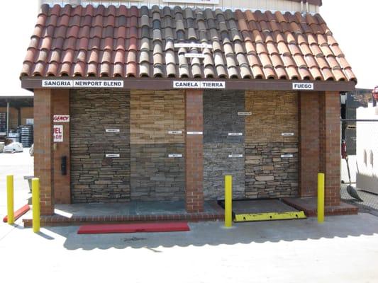 Clay two piece tile, and stone veneer display.