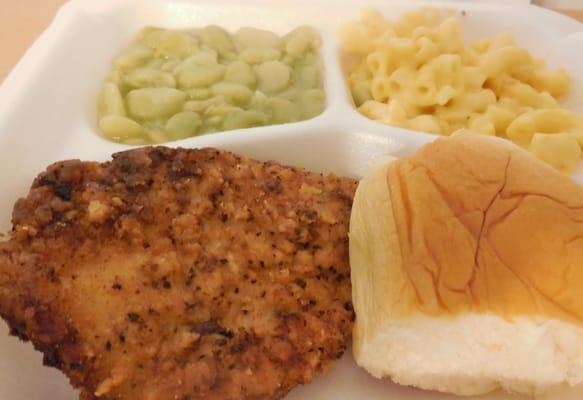 Pork Chop, Lima Beans, Mac-n-Cheese with Roll