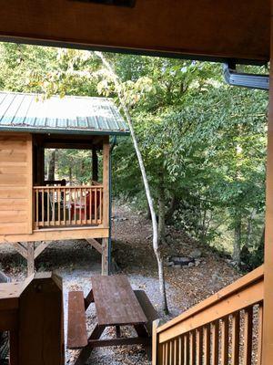 View from a porch of a camping cabin.