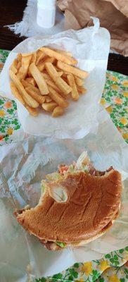 Chicken Fried Steak sandwich and fry.  Reminds me of the ever loved and famous Braums version.   Absolutely Delicious.