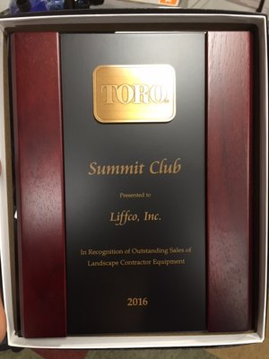 Summit Club Award for being a Top Toro Dealer in New York!  Thank you Toro