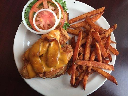 Heron Chicken sandwich with cheddar instead of Swiss and sweet potato fries