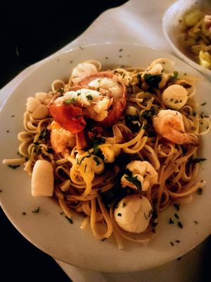 Linguine with lobster, shrimp and scallop.