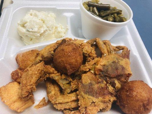 Combo with 3 - Fried soft shell crab, oysters & scallops with hushpuppies, potato salad & green beans.