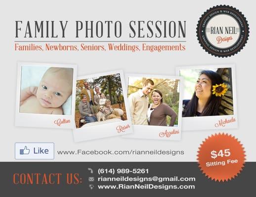 Family Photo Session for families, newborns, seniors, weddings and engagements. Only $45.00 for a sitting fee.