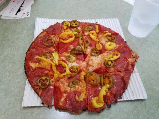 Small pepperoni with banana peppers and jalapenos