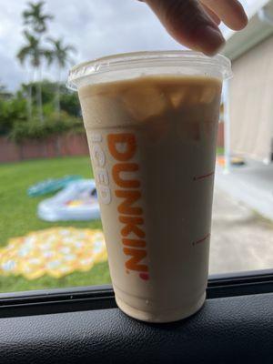 #classic blend iced coffee with 3 creams, 2 sweet n lows in medium size ; go to coffee !