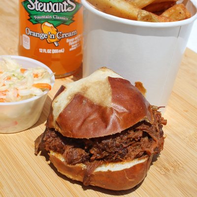 Hot Pulled Brisket on pretzel bun