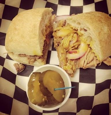 The Drew (Pulled Pork Sandwich with pickled onions and unWINEd's own mustard)