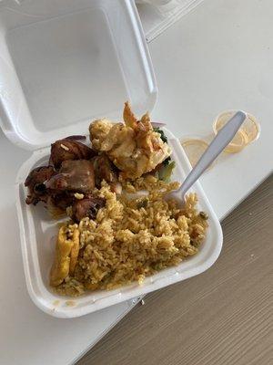 Rice and beans with chicken and mac n cheese