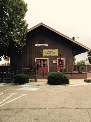 A view of the old railroad depot, now restaurant from the parking lot.