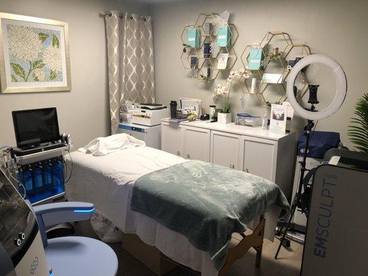 We offer Hydrafacial, microneedling, PRP, Botox, Fillers, Qwo, EmSculpt Neo, and EmSella!