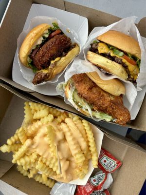 Shack Stack, Double Shackburger, Chicken Stack, and Cheese Fries.