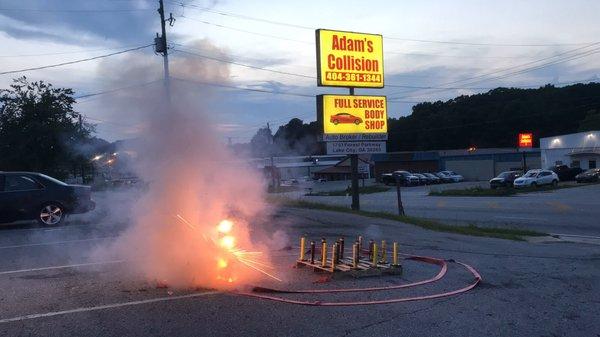 4th of July, fireworks in front shop