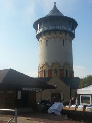 Riverside water tower in background during annual car show.