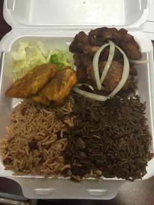 Griot with 1/2 black rice 1/2 rice n peas and of course some plantains