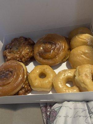 Apple fritters, cinnamon rolls, glazed, & jelly filled.