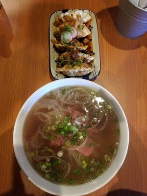 Korean Bbq Gyoza 5pcs and the medium Rare Steak Pho bowl...very little steak hefty amounts of broth.