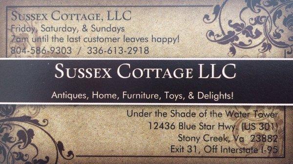 The owner's business card, including information to locate the Cottage. Open Friday, Saturday and Sunday.