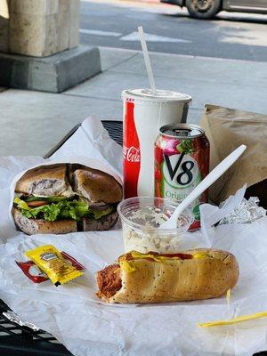 Yummy, yummy:  BSC Supreme (turkey, pepper jack, avocado) on a blueberry bagel & onion bagel dog with macaroni salad on the side. ;-D