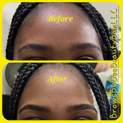 Before and After Photos of an Eyebrow Threading client with a natural looking arch.