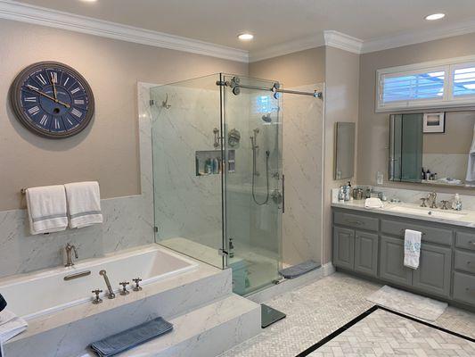 Master bath countertops and quartz slab work by Allan's team