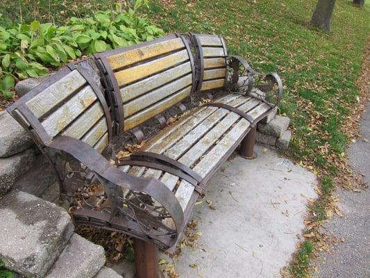 Unique bench seating along the shoreline