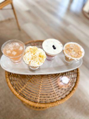 From Left to right- *Blue Lavender Refresher *Honeysuckle Latte *The 1985 Espresso *Toasted Coconut Latte