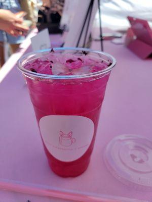 Britt's Cafecito y Chisme - The Barbie: dragonfruit and mango. The butterfly on top dissolves into the drink.