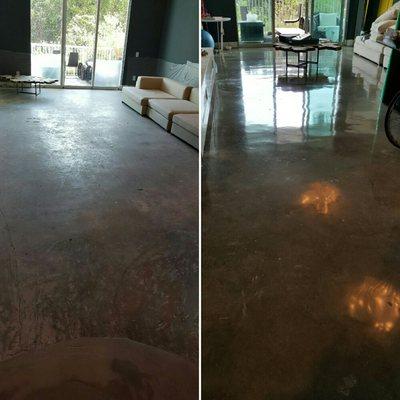 A before & after picture of a concrete floor polish.