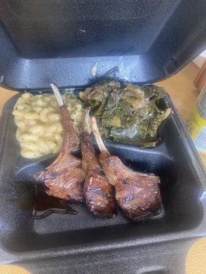 Lamp chops, Mac and cheese, collard greens