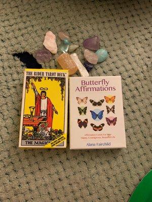 i got my first tarot card deck and my amazing affirmation cards from this store, these are my crystals that i got from there as well :D