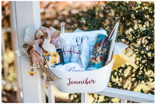 Bridal Gift Basket including Embroidery, Monogramming, Sublimation, and Vinyl HTV transfer all personalized to fit their personality