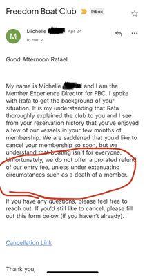 Email sent from Freedom boat club showing how selective they are